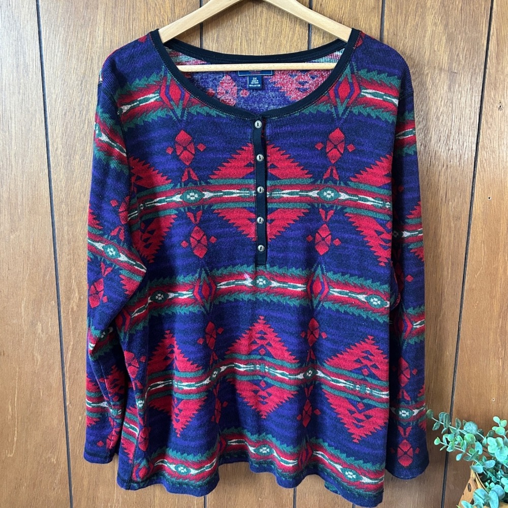 Chaps Denim Womens 3X Henley Long Sleeve Thermal Shirt Southwestern Print Cotton